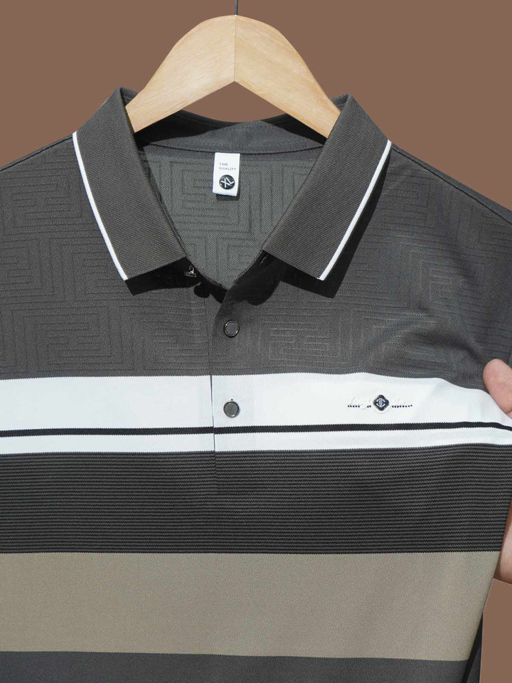 Grey Nylon Spandex Striped Polo Shirt (POLO-1042)