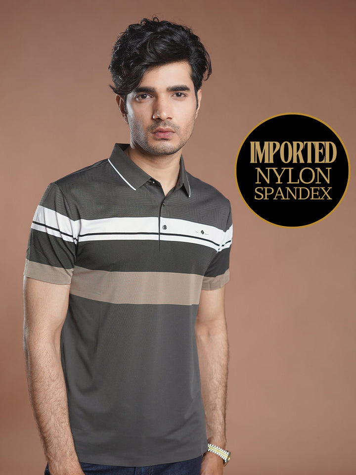 Grey Nylon Spandex Striped Polo Shirt (POLO-1042)