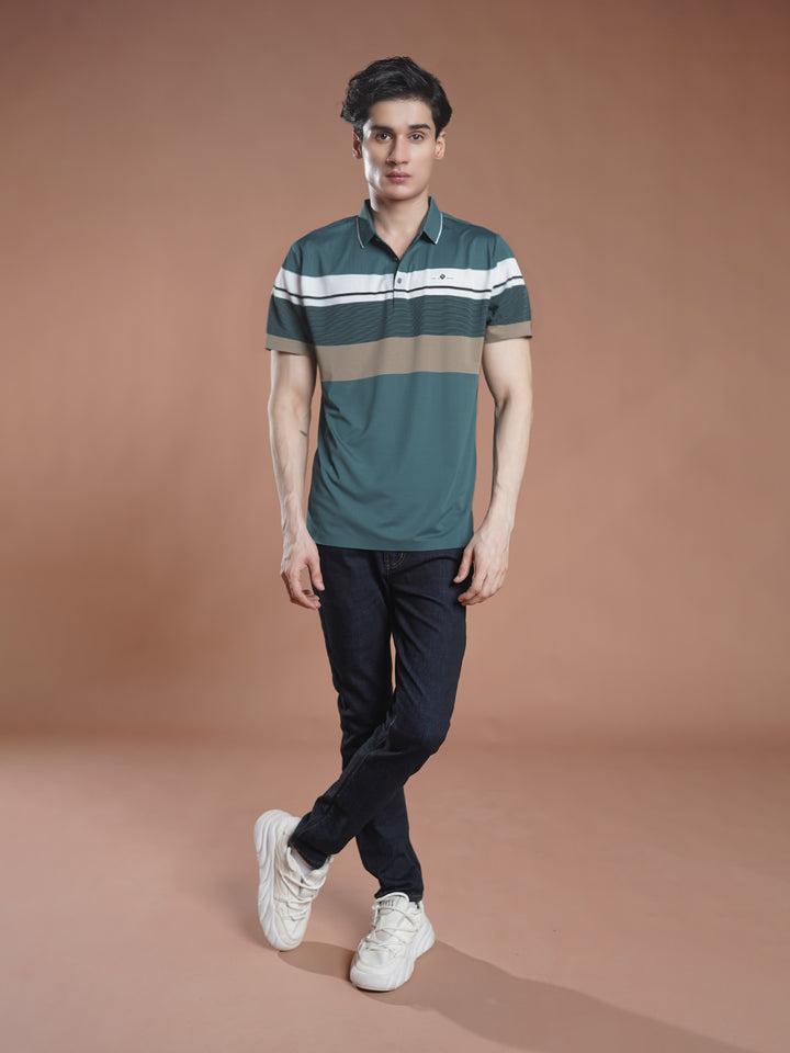 Light Teal Nylon Spandex Striped Polo Shirt (POLO-1043)