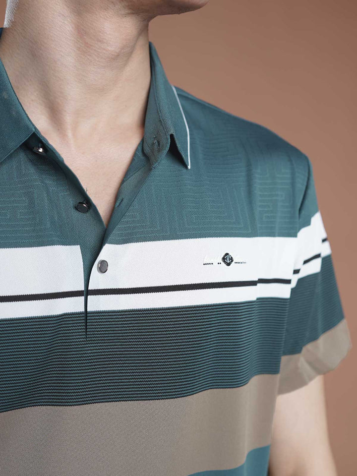 Light Teal Nylon Spandex Striped Polo Shirt (POLO-1043)