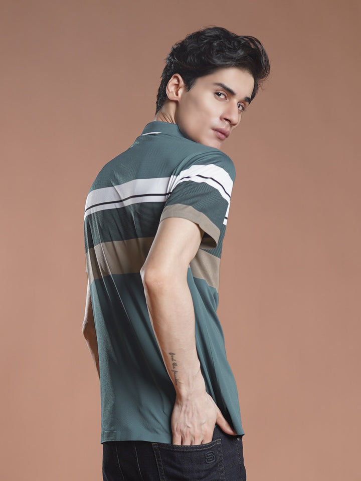 Light Teal Nylon Spandex Striped Polo Shirt (POLO-1043)