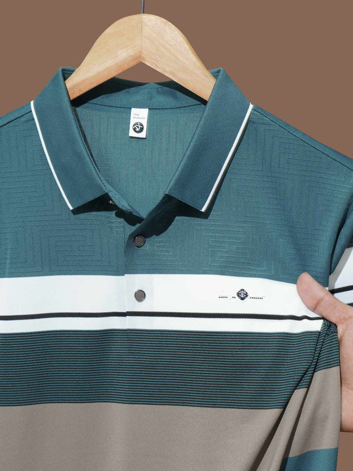 Light Teal Nylon Spandex Striped Polo Shirt (POLO-1043)