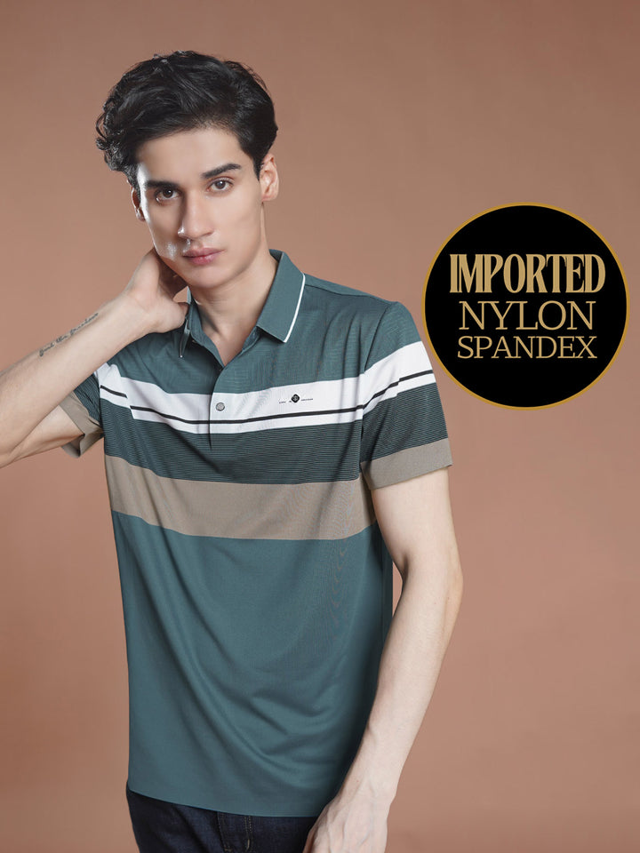 Light Teal Nylon Spandex Striped Polo Shirt (POLO-1043)