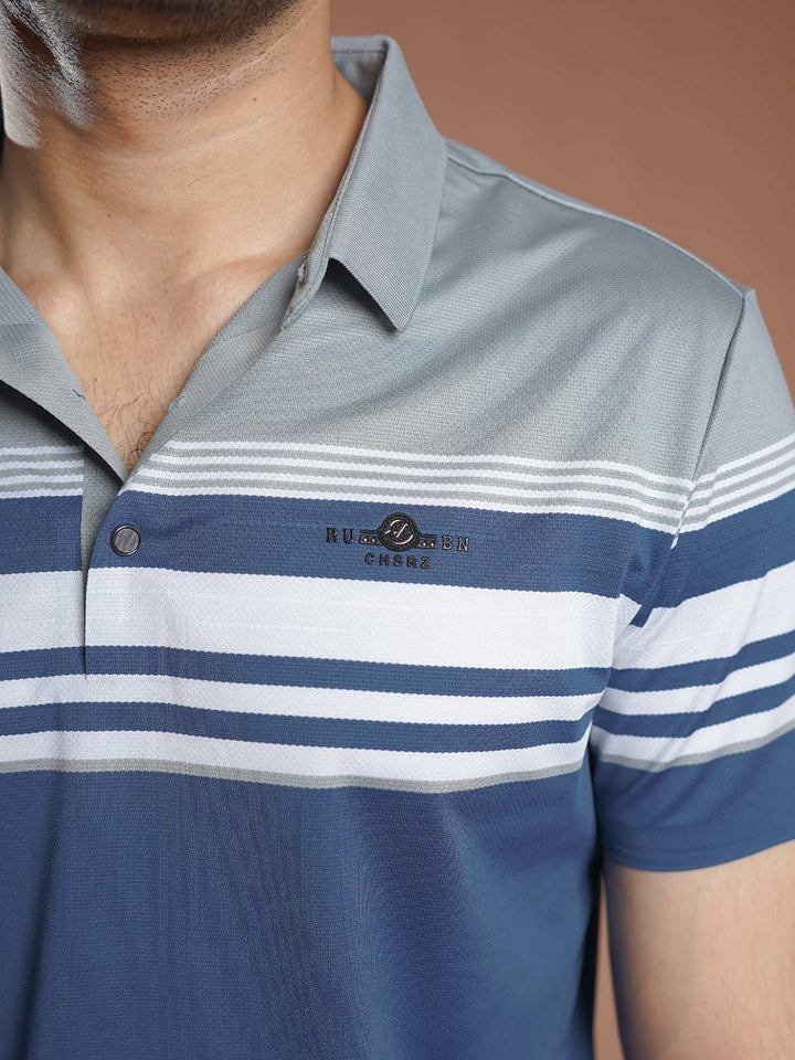 Blue Nylon Spandex Striped Polo Shirt (POLO-1044)