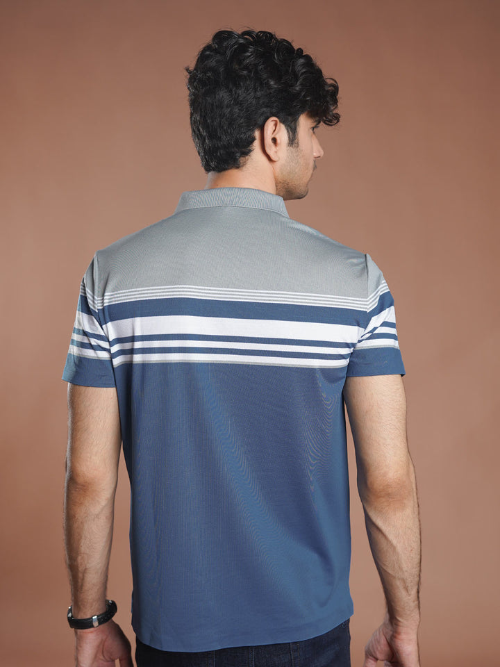 Blue Nylon Spandex Striped Polo Shirt (POLO-1044)