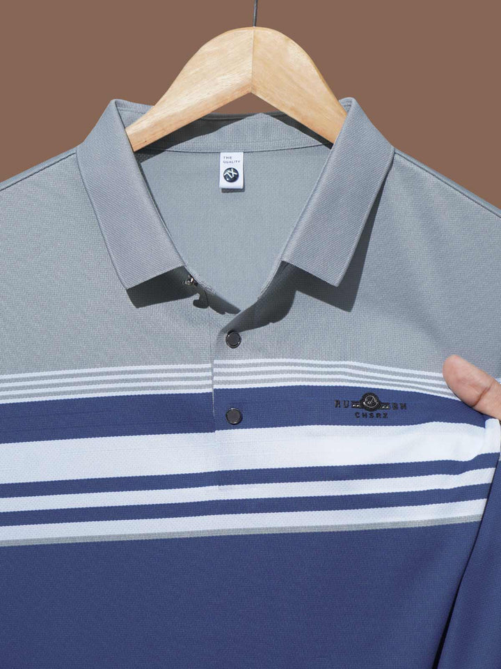 Blue Nylon Spandex Striped Polo Shirt (POLO-1044)