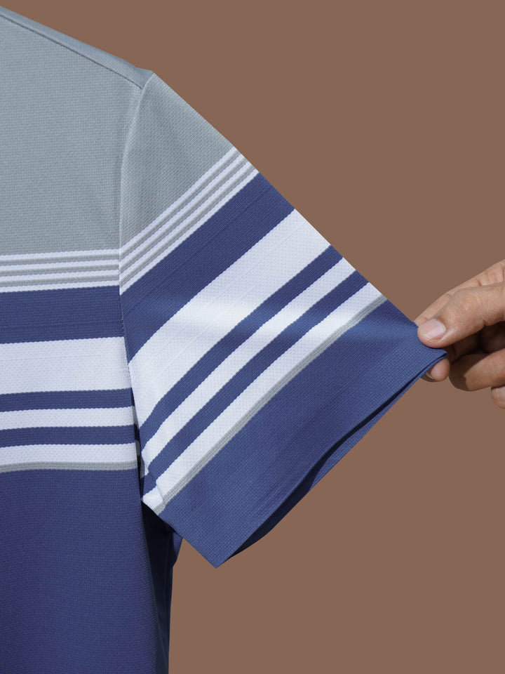 Blue Nylon Spandex Striped Polo Shirt (POLO-1044)