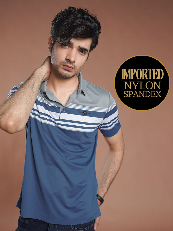 Blue Nylon Spandex Striped Polo Shirt (POLO-1044)