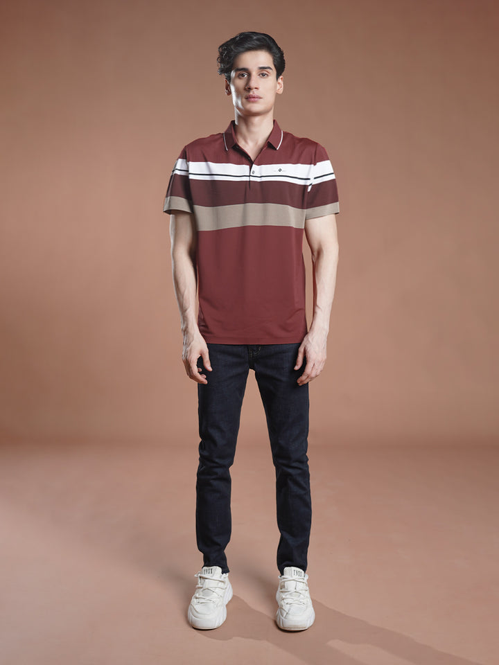 Maroon Nylon Spandex Striped Polo Shirt (POLO-1045)