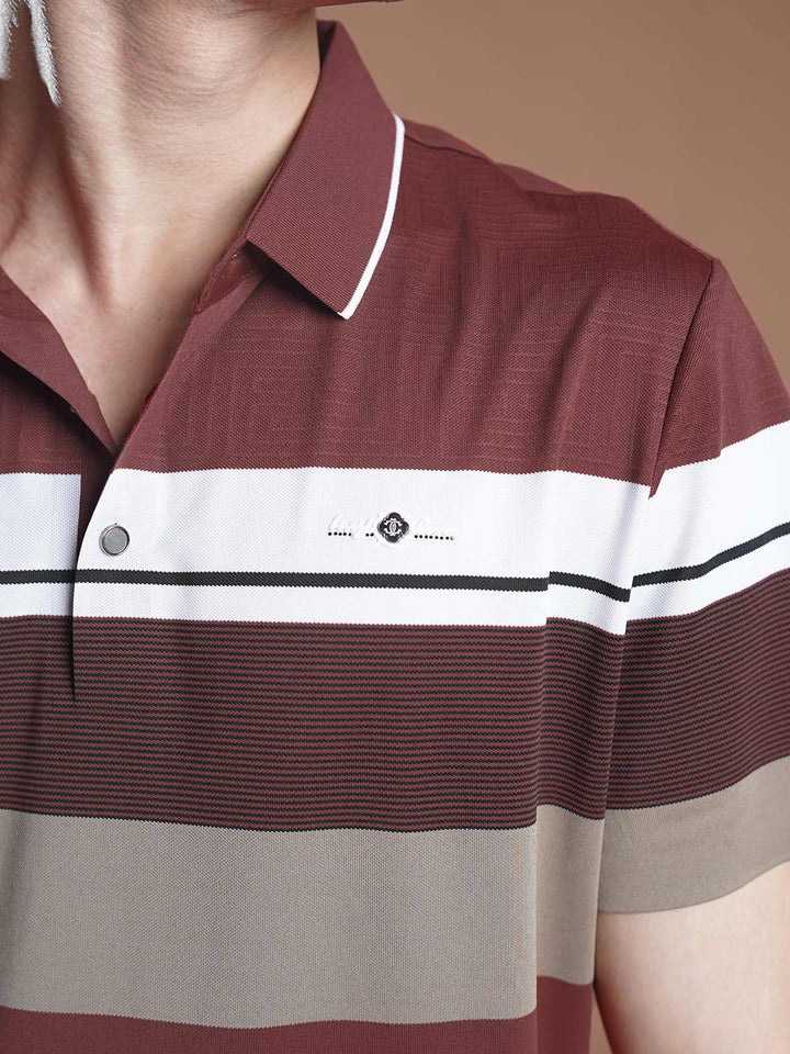 Maroon Nylon Spandex Striped Polo Shirt (POLO-1045)