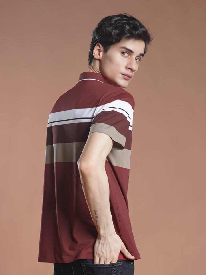 Maroon Nylon Spandex Striped Polo Shirt (POLO-1045)