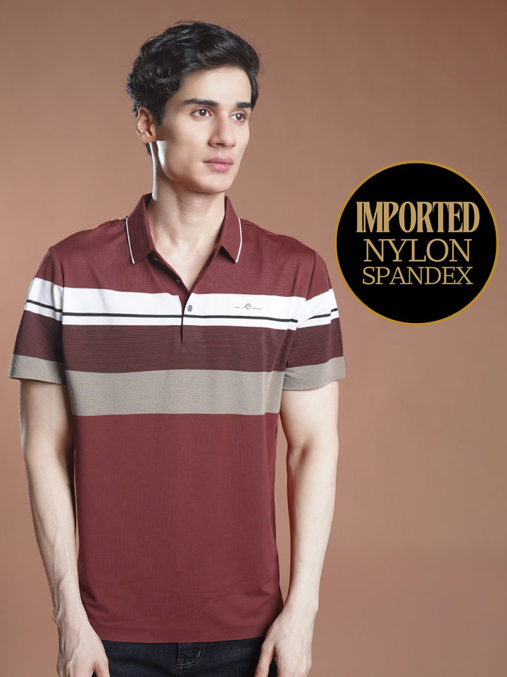 Maroon Nylon Spandex Striped Polo Shirt (POLO-1045)