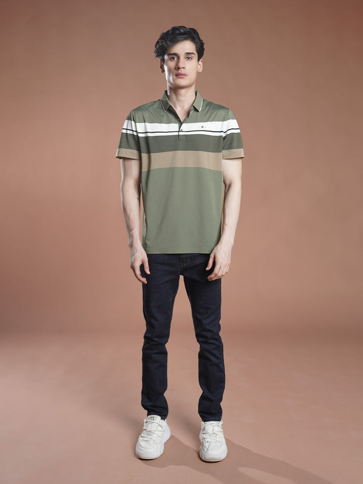Green Nylon Spandex Striped Polo Shirt (POLO-1046)