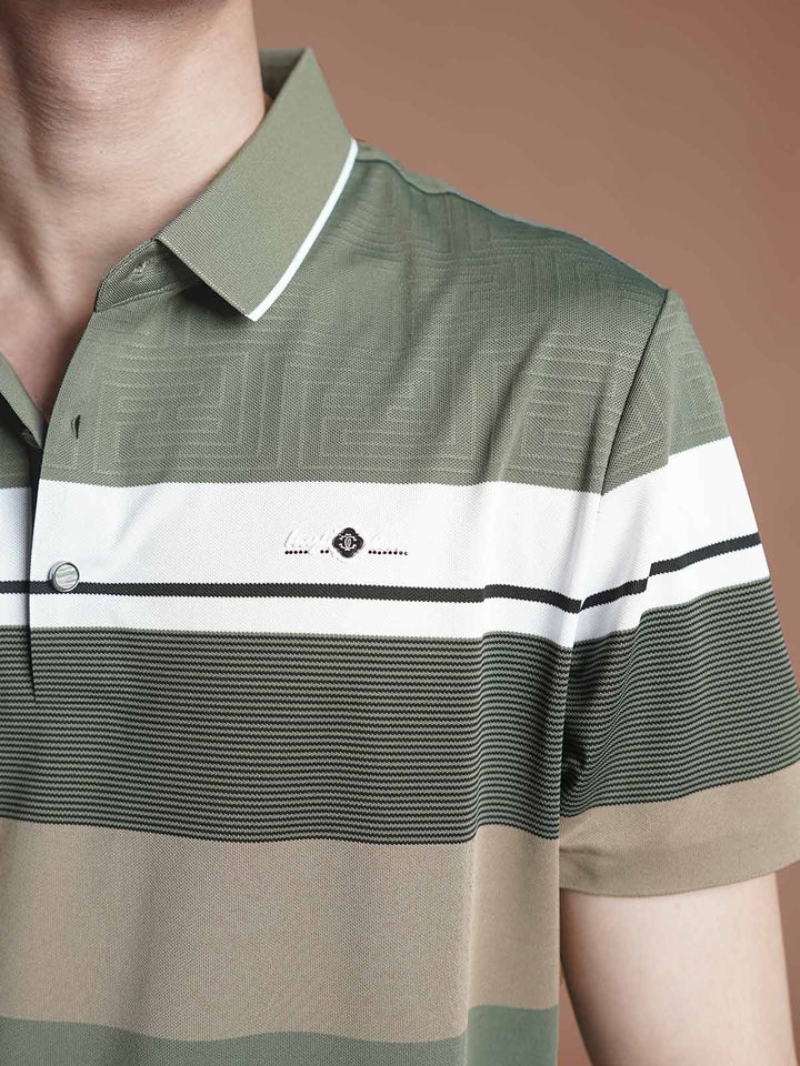 Green Nylon Spandex Striped Polo Shirt (POLO-1046)