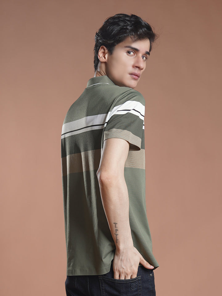 Green Nylon Spandex Striped Polo Shirt (POLO-1046)