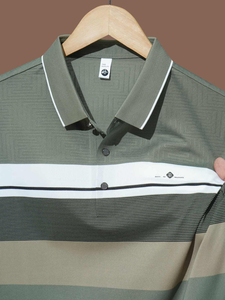 Green Nylon Spandex Striped Polo Shirt (POLO-1046)