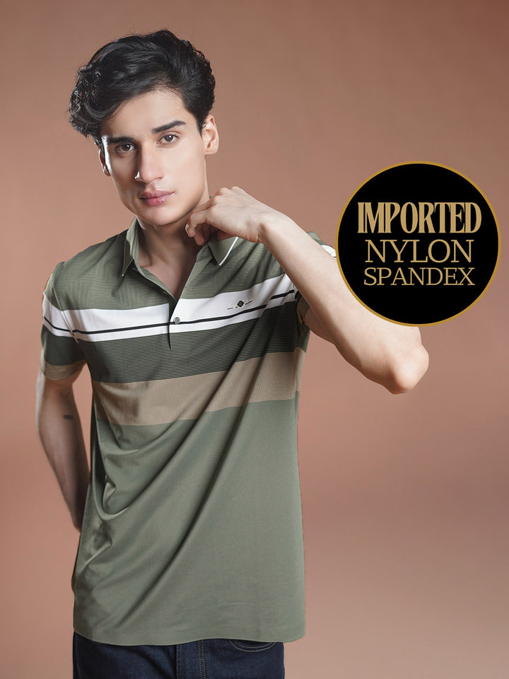 Green Nylon Spandex Striped Polo Shirt (POLO-1046)