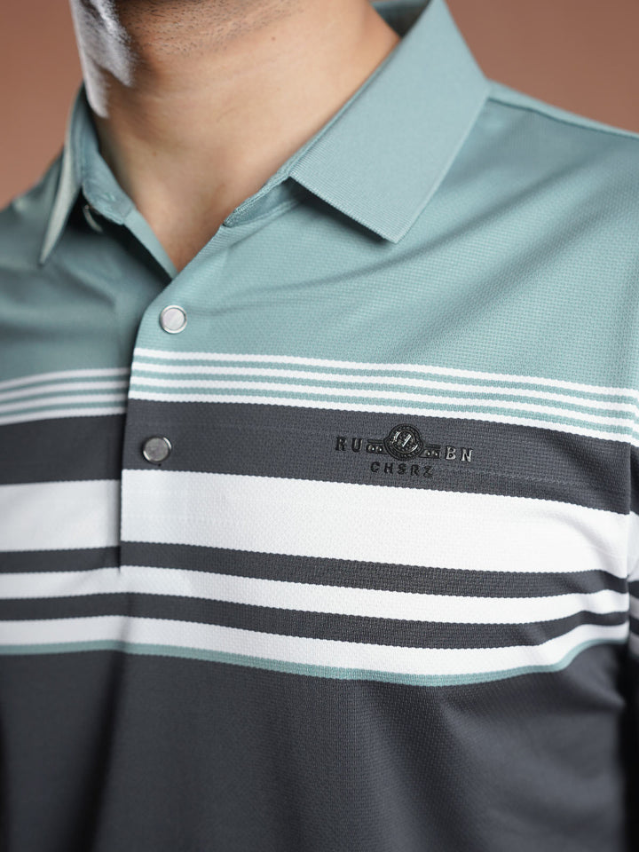 Light Teal Nylon Spandex Striped Polo Shirt (POLO-1049)