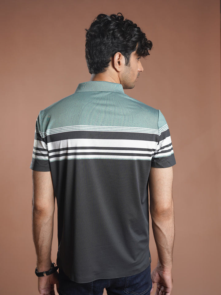 Light Teal Nylon Spandex Striped Polo Shirt (POLO-1049)