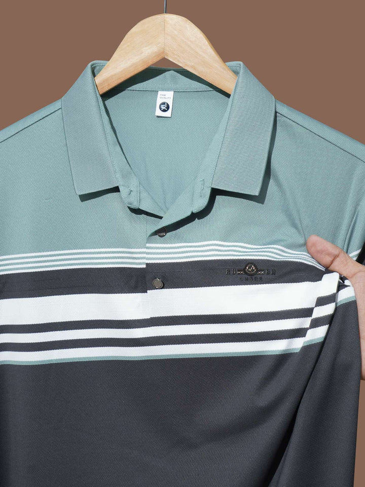 Light Teal Nylon Spandex Striped Polo Shirt (POLO-1049)
