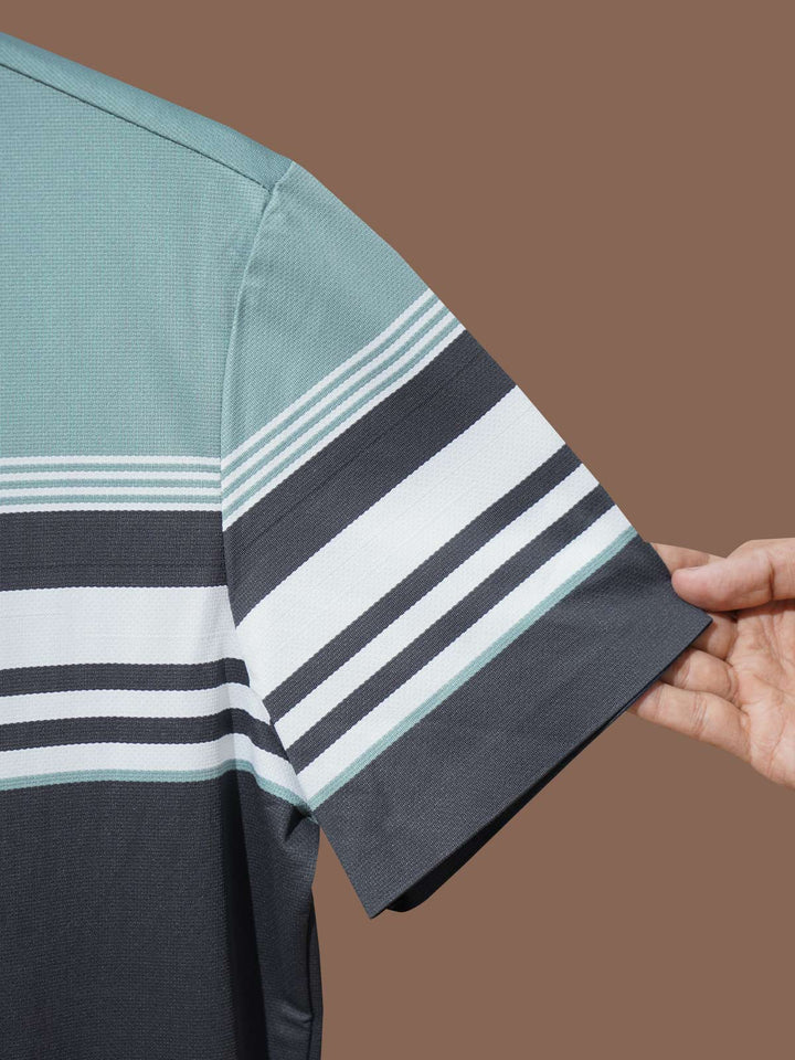 Light Teal Nylon Spandex Striped Polo Shirt (POLO-1049)