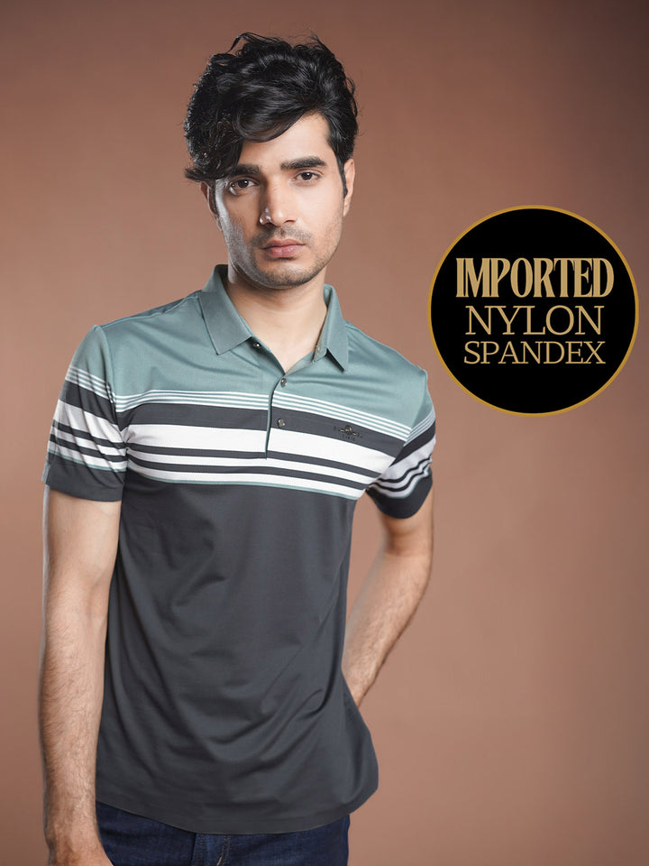Light Teal Nylon Spandex Striped Polo Shirt (POLO-1049)