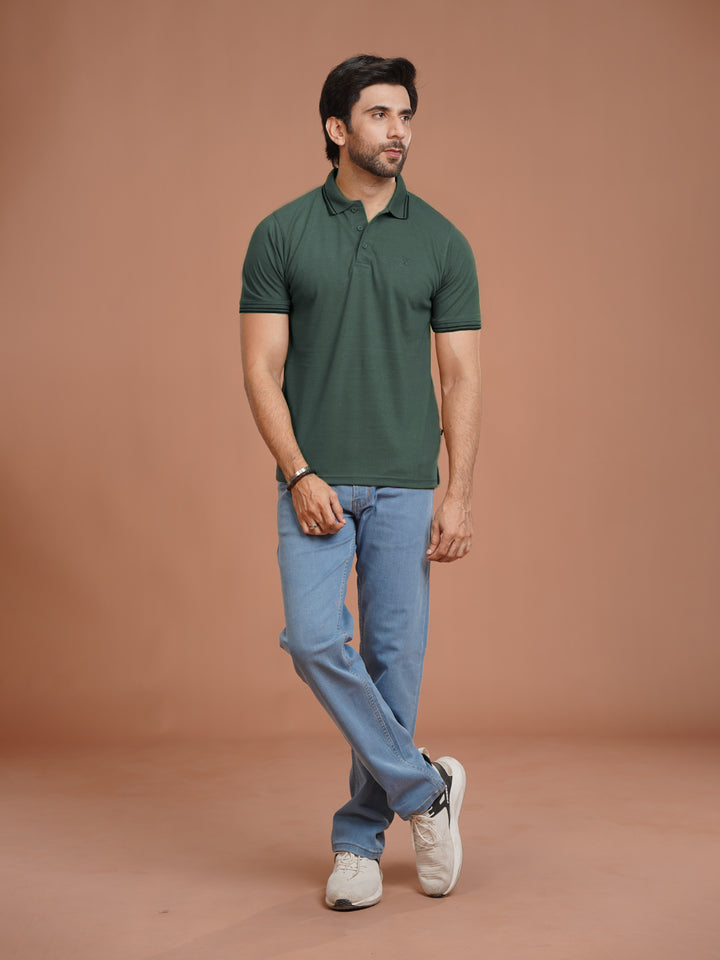 Bottle Green Plain Contrast Tipping Half Sleeves Polo T-Shirt (POLO-1092)