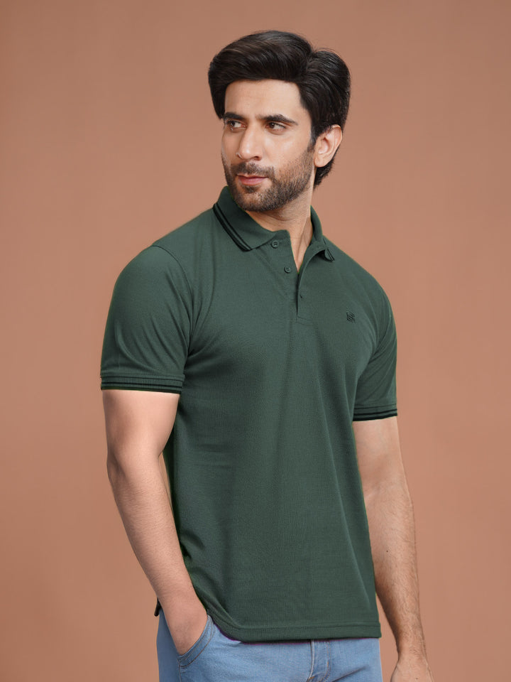 Bottle Green Plain Contrast Tipping Half Sleeves Polo T-Shirt (POLO-1092)