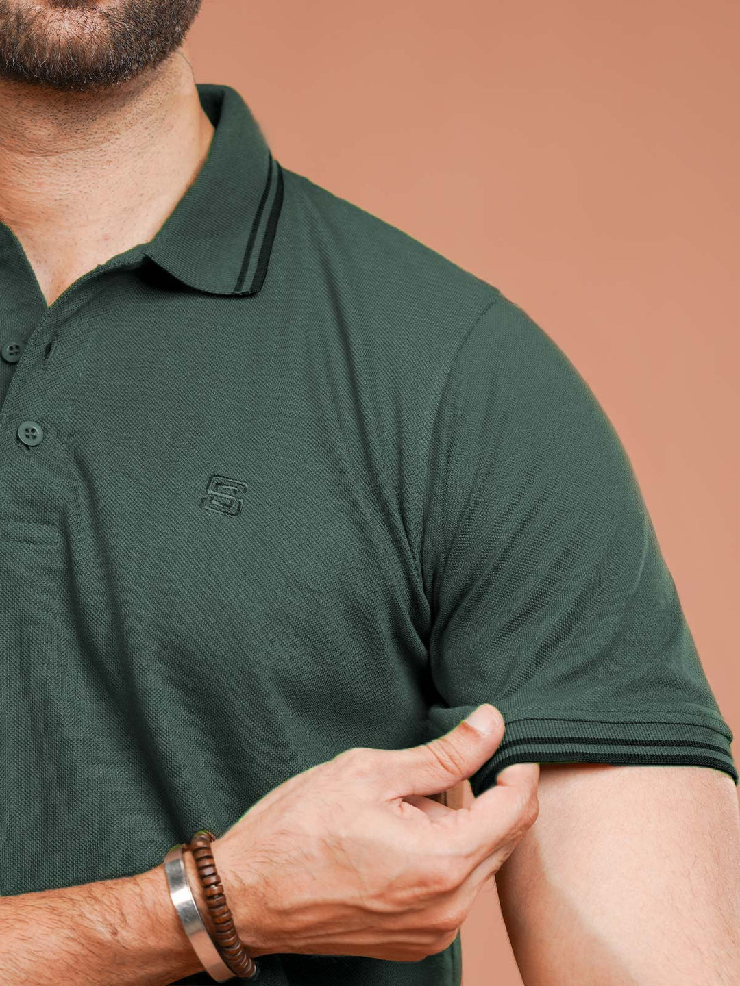 Bottle Green Plain Contrast Tipping Half Sleeves Polo T-Shirt (POLO-1092)