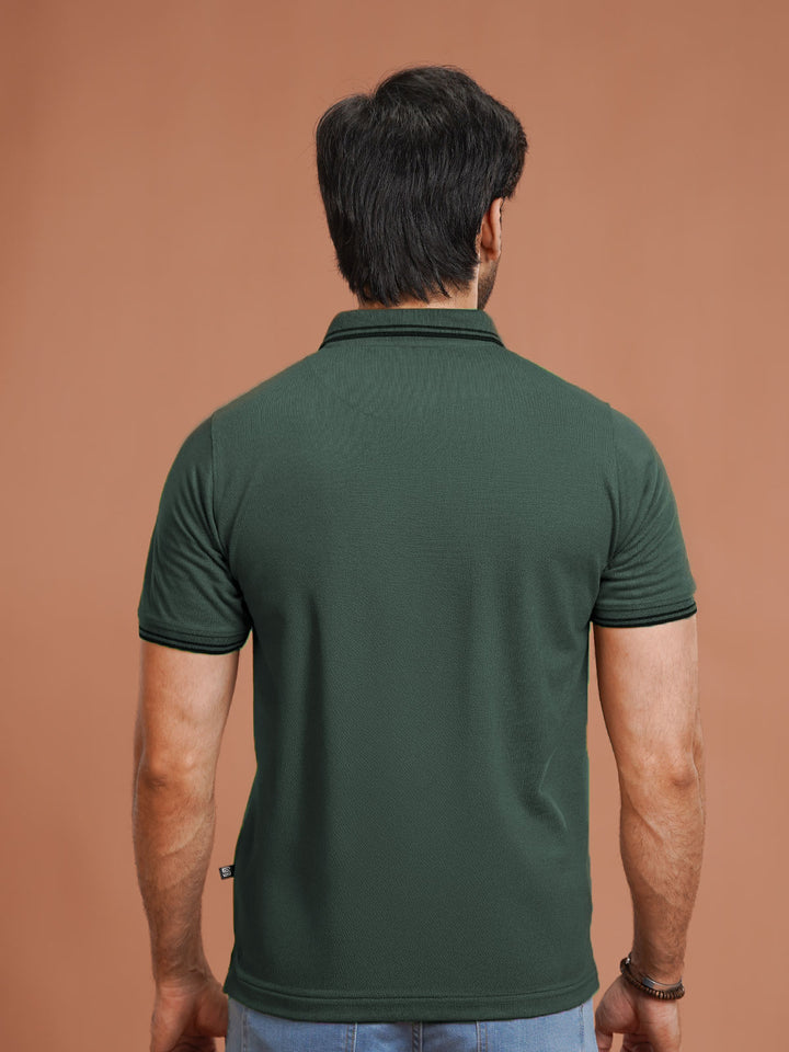 Bottle Green Plain Contrast Tipping Half Sleeves Polo T-Shirt (POLO-1092)