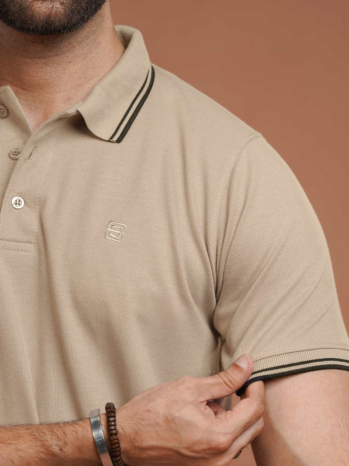 Fawn Plain Contrast Tipping Half Sleeves Polo T-Shirt (POLO-1095)