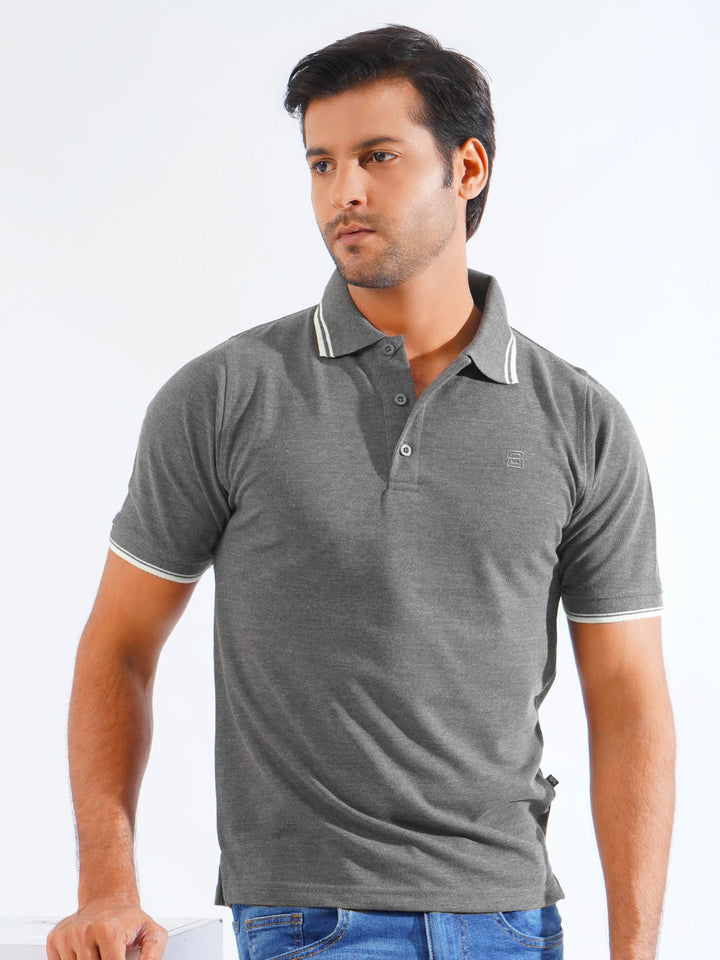 Charcoal Plain Contrast Tipping Half Sleeves Polo T-Shirt (POLO-1098)