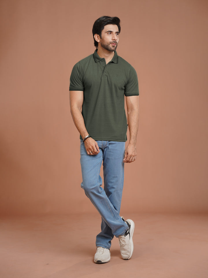 Dark Green Plain Contrast Tipping Half Sleeves Polo T-Shirt (POLO-1101)