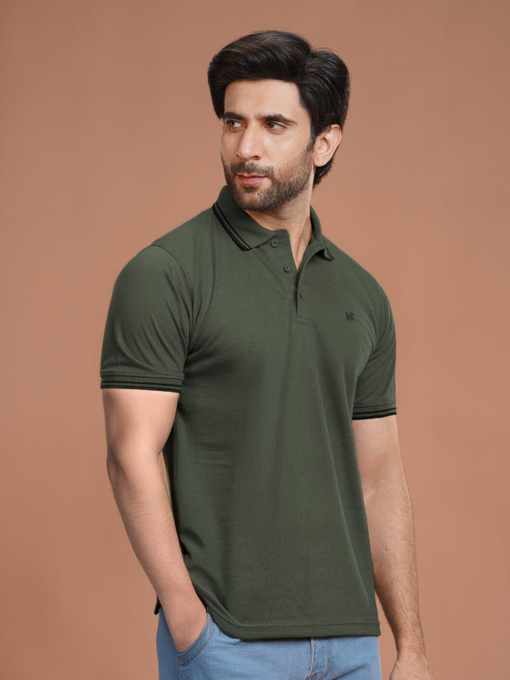 Dark Green Plain Contrast Tipping Half Sleeves Polo T-Shirt (POLO-1101)