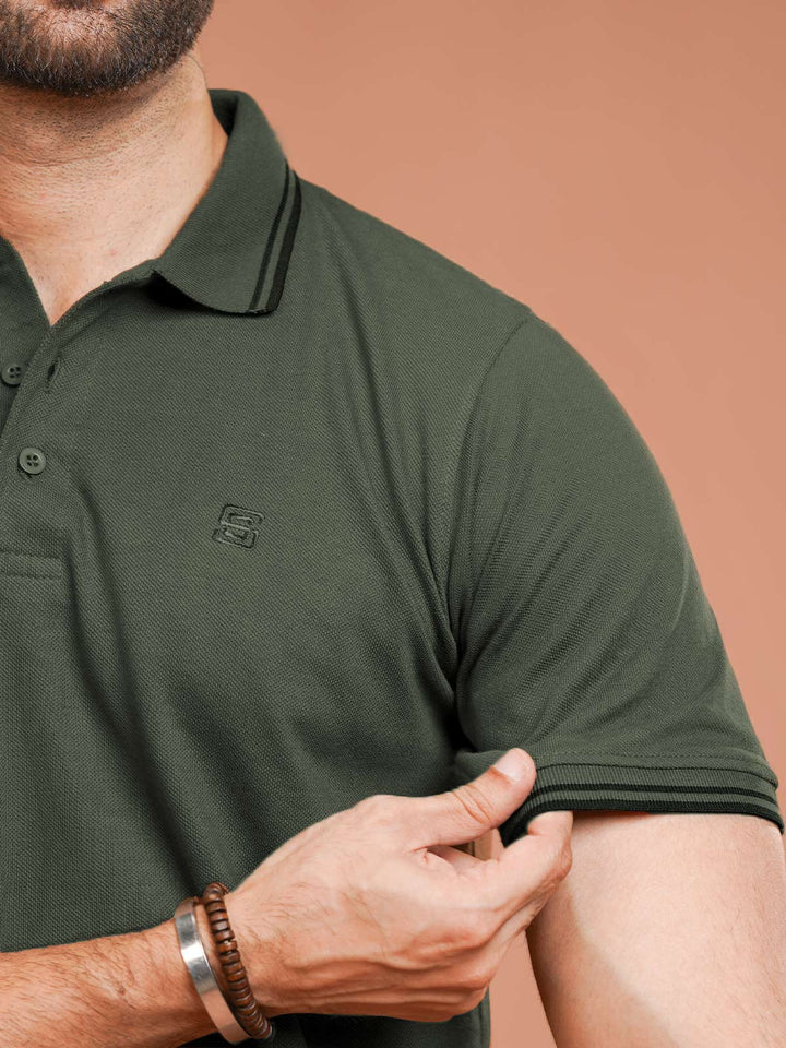 Dark Green Plain Contrast Tipping Half Sleeves Polo T-Shirt (POLO-1101)