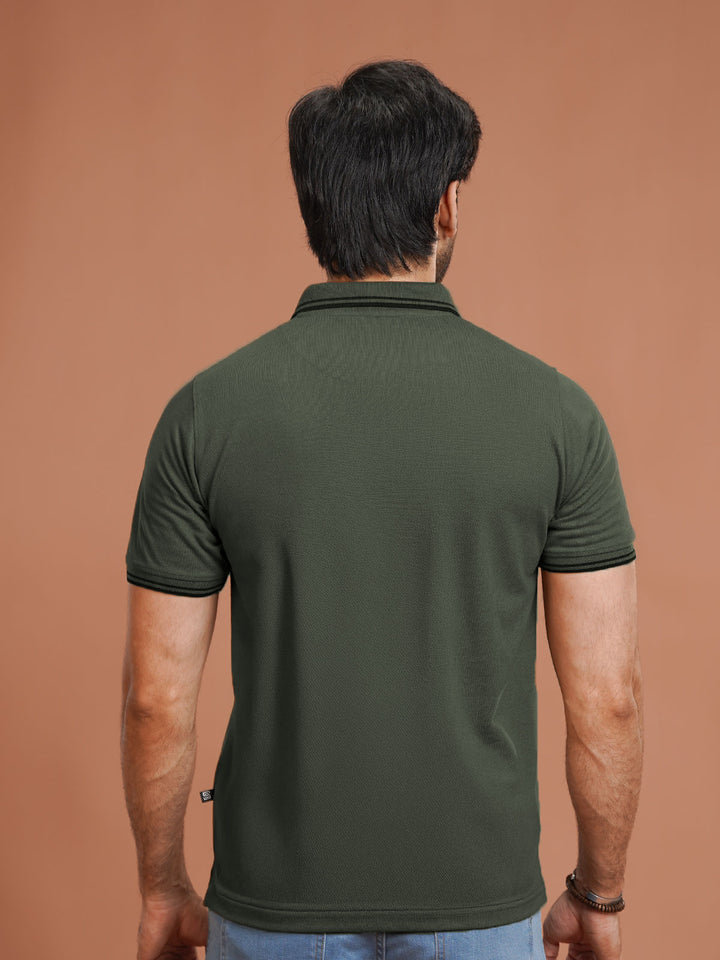 Dark Green Plain Contrast Tipping Half Sleeves Polo T-Shirt (POLO-1101)