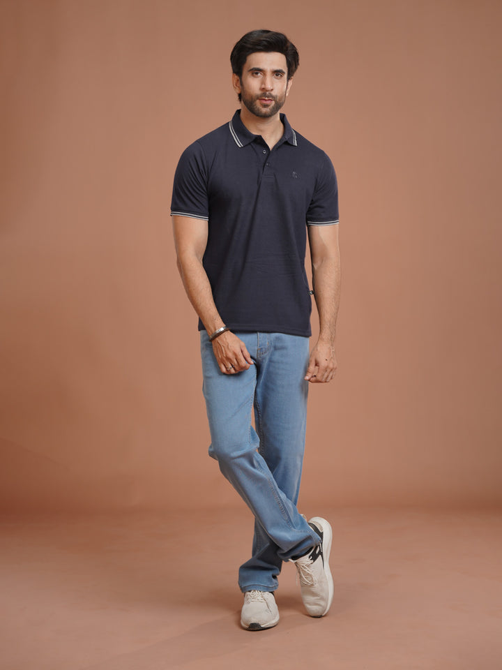 Navy Plain Contrast Tipping Half Sleeves Polo T-Shirt (POLO-1104)