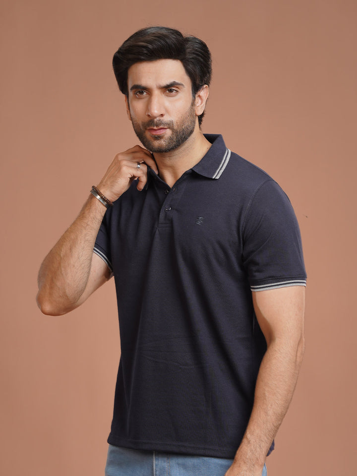 Navy Plain Contrast Tipping Half Sleeves Polo T-Shirt (POLO-1104)