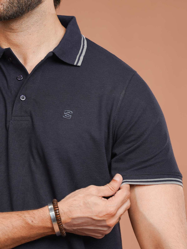 Navy Plain Contrast Tipping Half Sleeves Polo T-Shirt (POLO-1104)