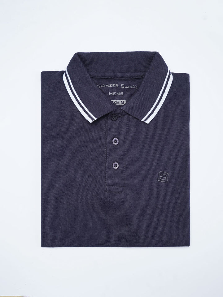 Navy Plain Contrast Tipping Half Sleeves Polo T-Shirt (POLO-1104)