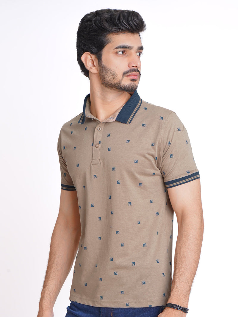 Khaki Half Sleeves Contrast Printed Polo T-Shirt (POLO-625)