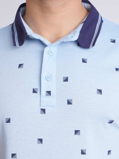 Light Blue Half Sleeves Contrast Printed Polo T-Shirt (POLO-627)