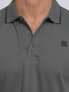 Charcoal Grey Contrast Tipping Half Sleeves Cotton Jersey Polo T-Shirt (POLO-636)
