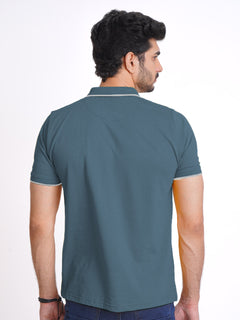 Deep Teal Contrast Tipping Half Sleeves Cotton Jersey Polo T-Shirt (POLO-638)