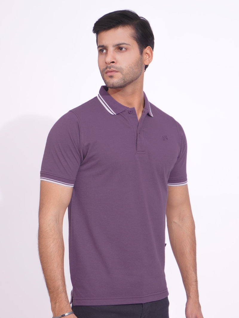 Purple Plain Contrast Tipping Half Sleeves Polo T-Shirt (POLO-689)