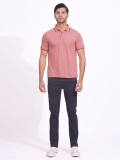 Tea Pink Contrast Tipping Half Sleeves Cotton Jersey Polo T-Shirt (POLO-695)