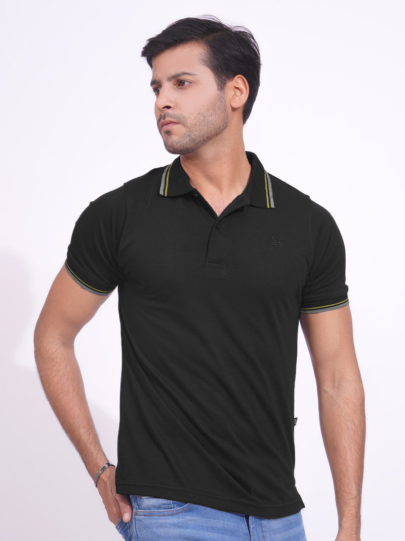 Black Contrast Tipping Half Sleeves Cotton Jersey Polo T-Shirt (POLO-699)