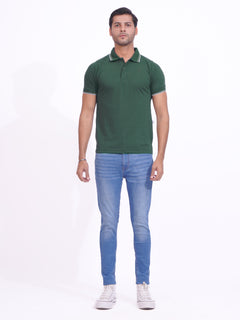 Dark Green Contrast Tipping Half Sleeves Cotton Jersey Polo T-Shirt (POLO-711)