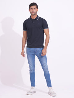 Navy Blue Plain Contrast Tipping Half Sleeves Polo T-Shirt (POLO-715)
