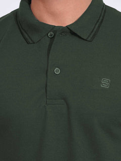 Dark Green Plain Contrast Tipping Half Sleeves Polo T-Shirt (POLO-718)